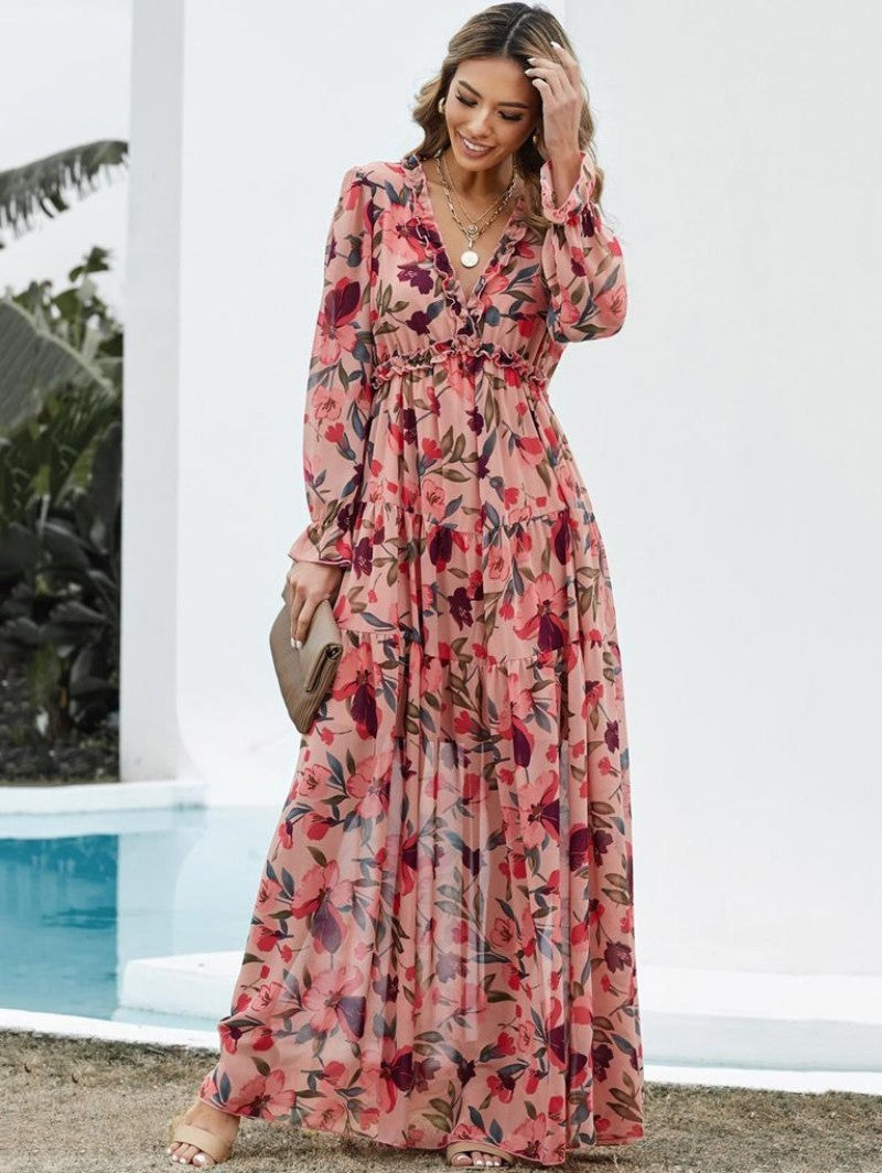 Women's floral print midi dress V-neckline short sleeves breezy botanical spring summer essential