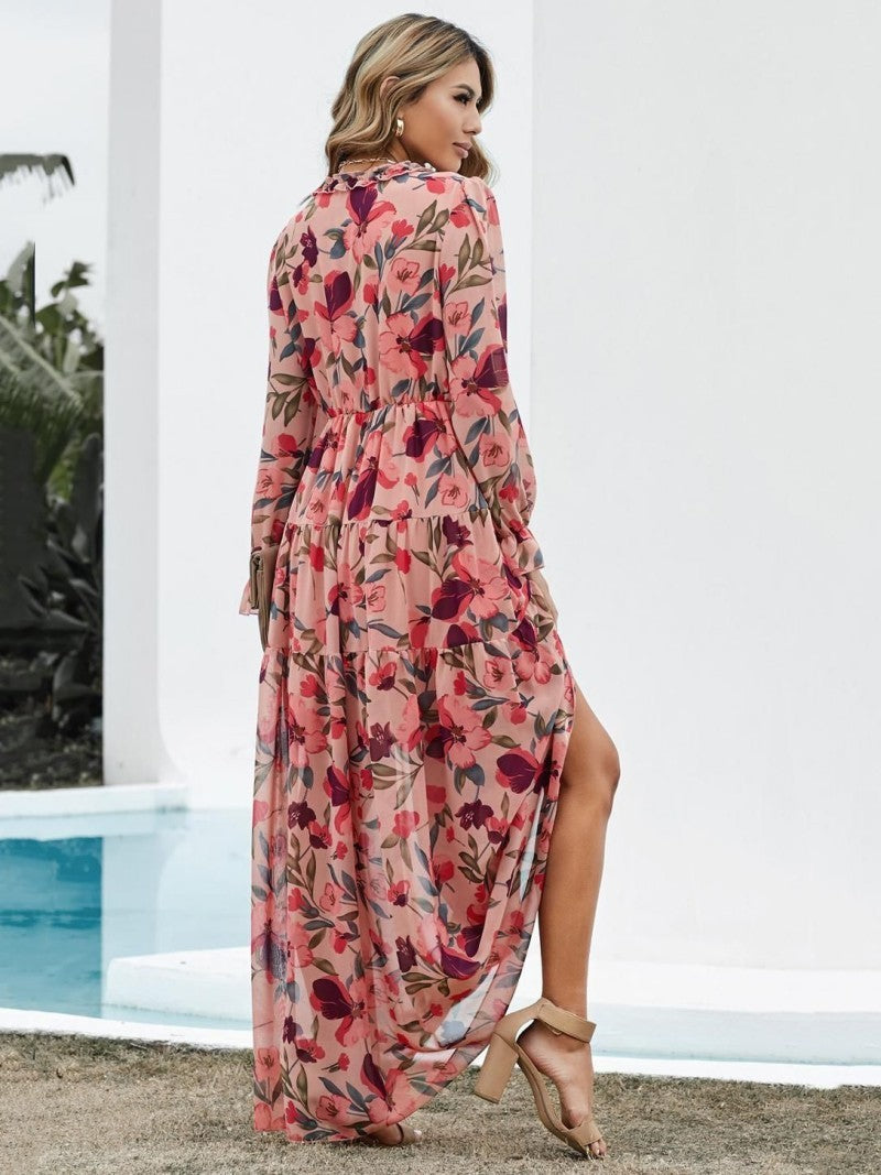 Women's floral print midi dress V-neckline short sleeves breezy botanical summer essential