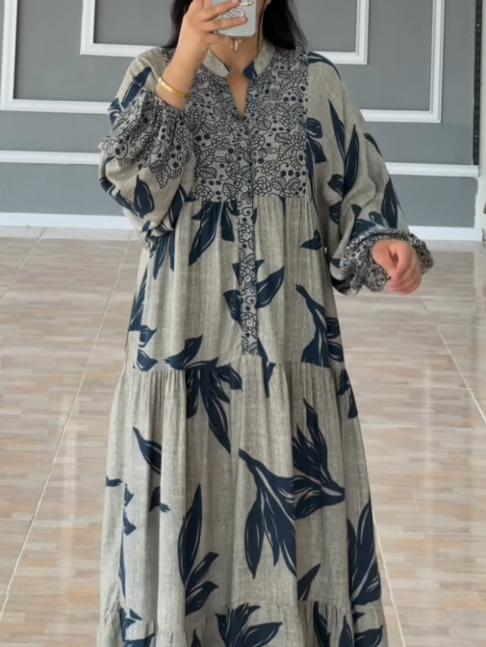 Women's floral botanical loose dress with lantern sleeves, front button placket, soft fabric plant print