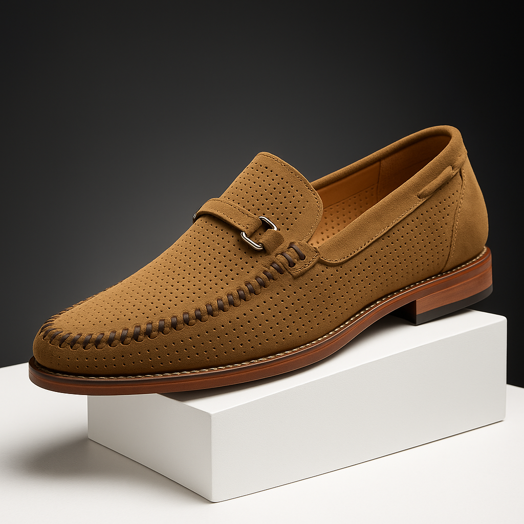 Men's tan leather perforated buckle loafers with breathable texture and smart casual style