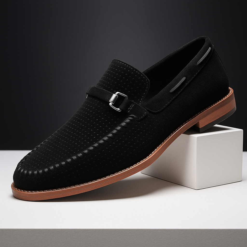 Men's brown perforated buckle loafers premium leather smart casual breathable texture