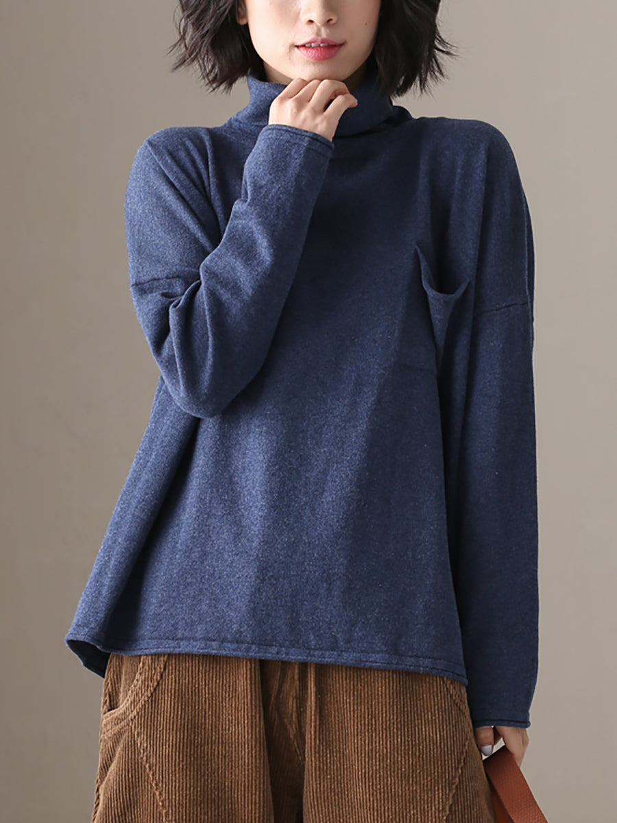 Women's relaxed fit turtleneck tunic shirt asymmetrical hem patch pocket dropped shoulder