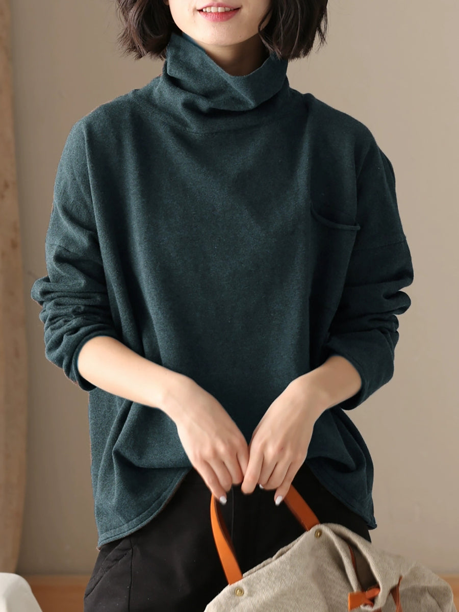 Women's relaxed fit turtleneck tunic shirt, asymmetrical hem, patch pocket, dropped shoulder