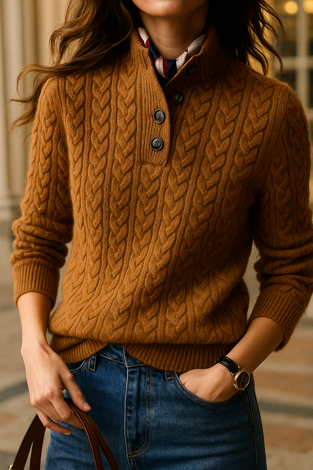 Women's cream cable knit sweater with half-button collar and raised textured detailing for everyday style