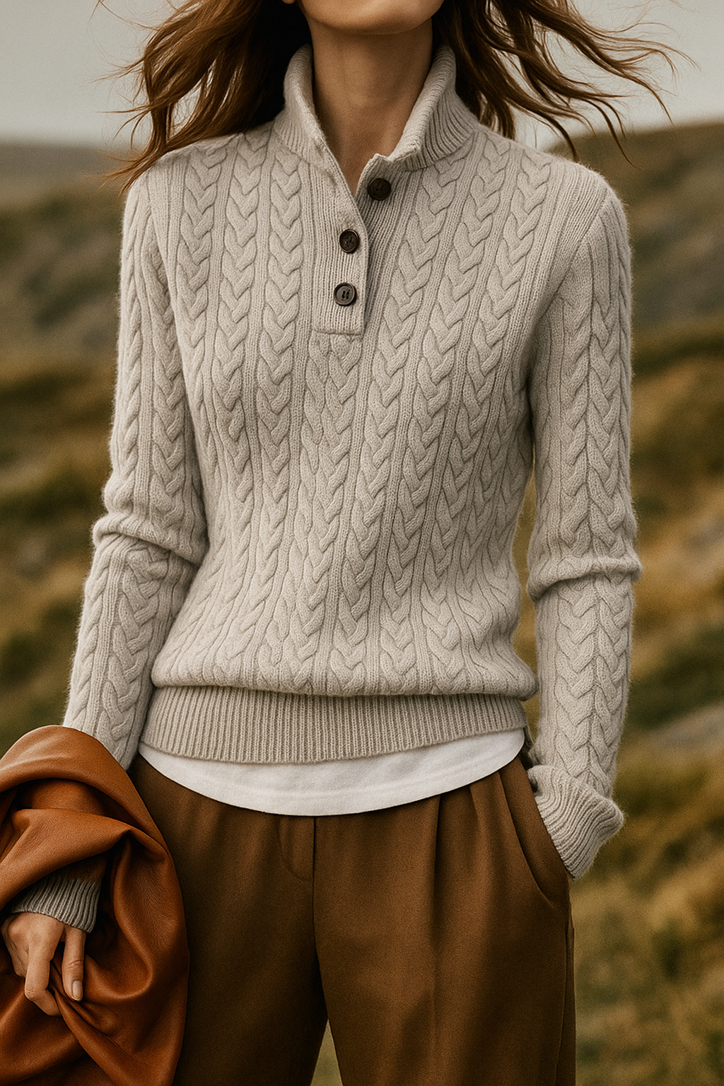 Women's relaxed cable knit sweater with funnel neck, soft acrylic blend, cozy chic everyday style