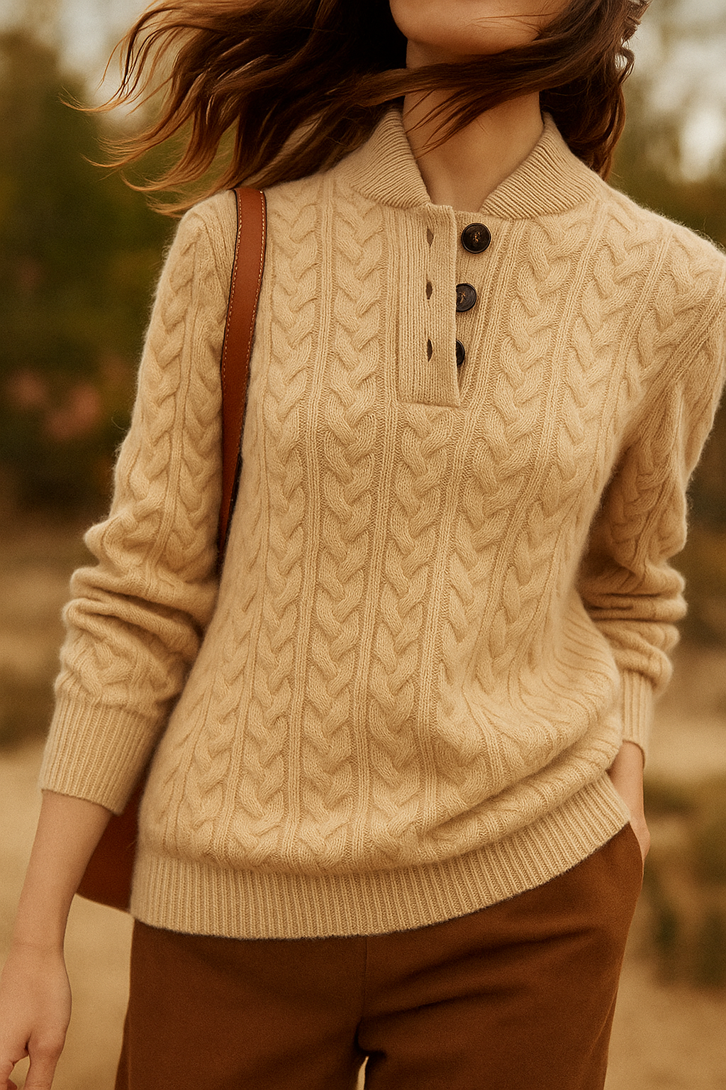 Women's ivory cable knit sweater with half-button collar and raised textured detailing for smart-casual style