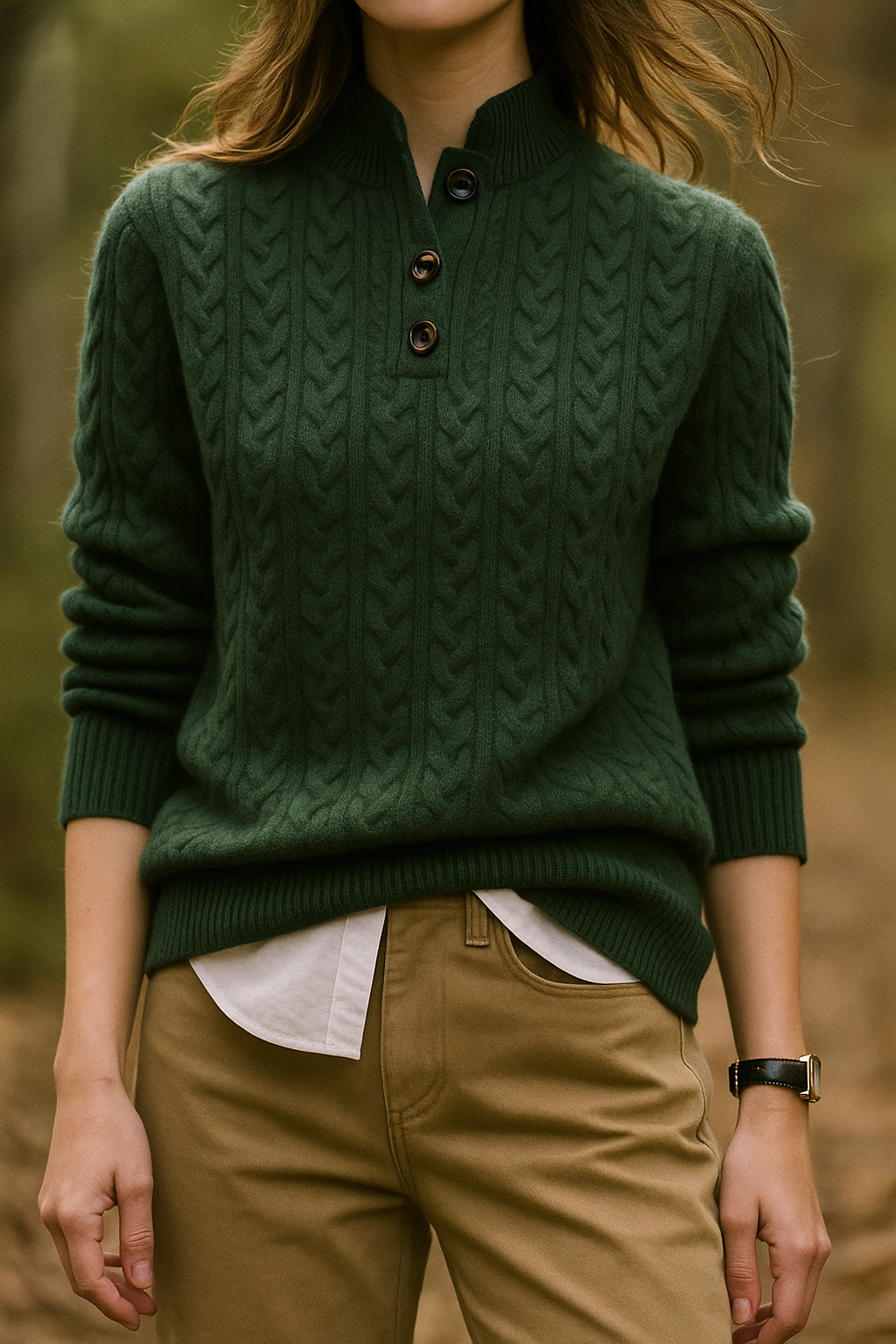 Women's cream cable knit sweater with half-button collar and raised textured detailing for smart-casual style
