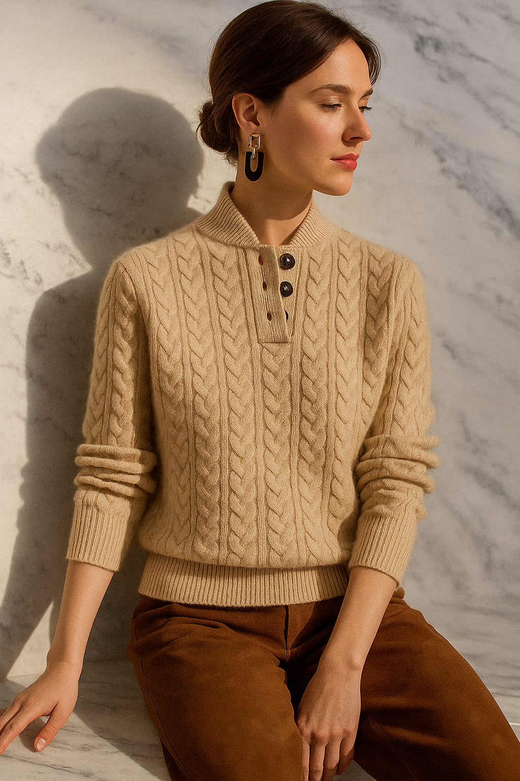 Women's relaxed fit cable knit sweater with funnel neck, soft acrylic cozy chic pullover