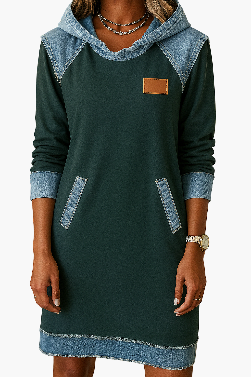 Women's hoodie dress with denim details, relaxed loose fit silhouette for casual everyday comfort