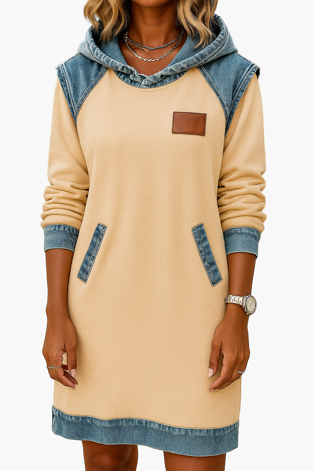 Women's hoodie dress loose fit with denim details relaxed silhouette casual everyday comfort style