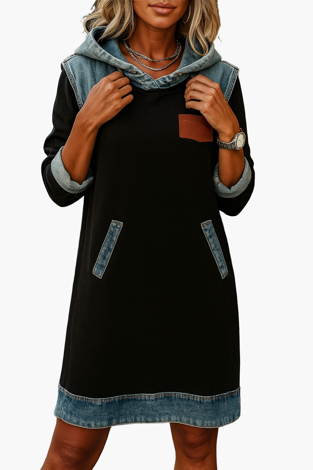 Women's loose-fit hoodie dress with denim details, casual relaxed silhouette for everyday comfort