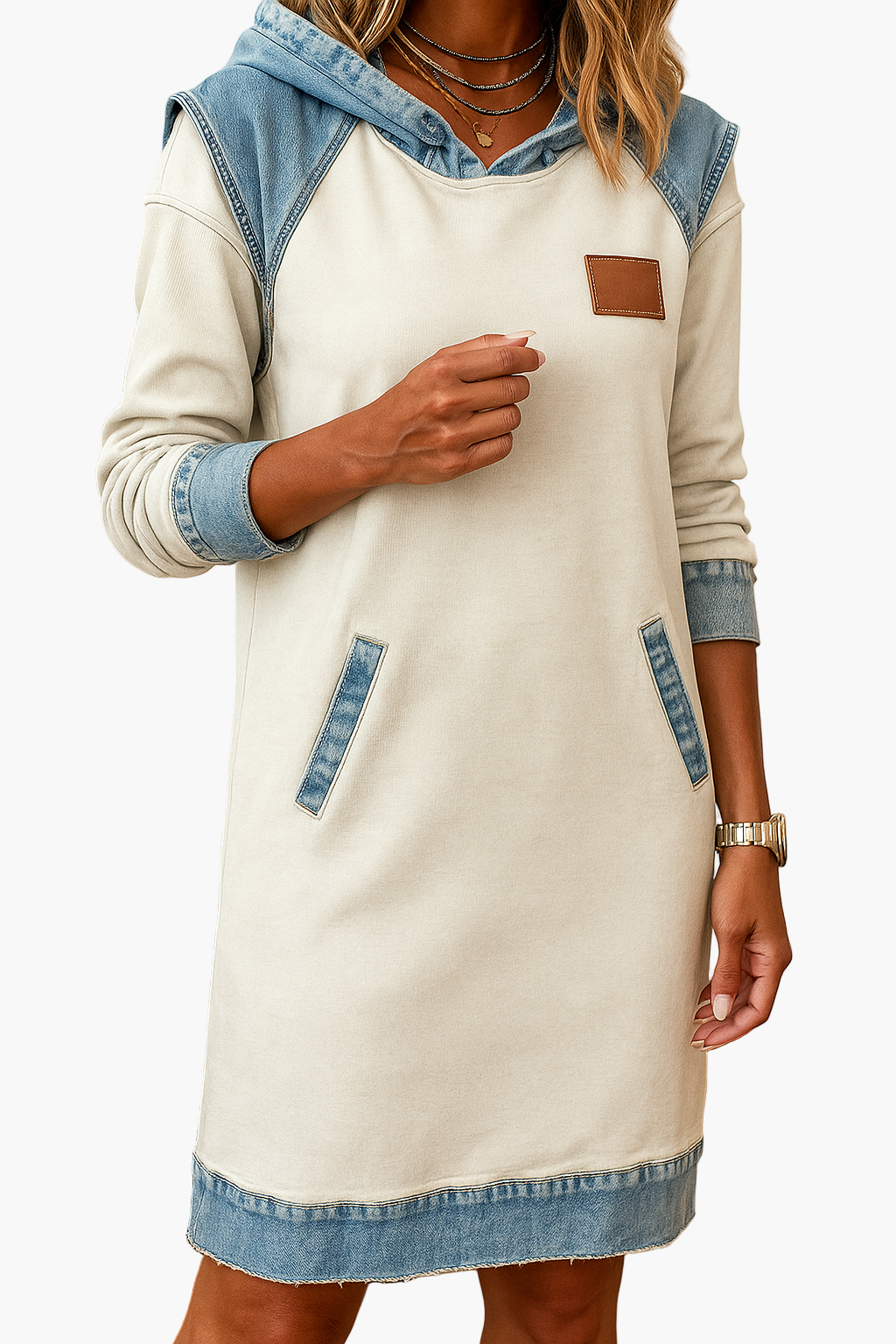 Women's hoodie dress loose fit with denim details, casual relaxed silhouette for everyday comfort
