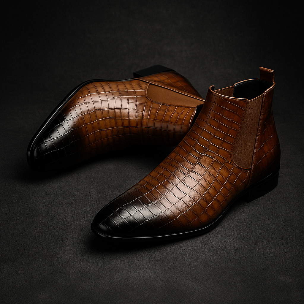 Men's black crocodile embossed Chelsea boots streamlined fit elastic side panels slip-on elegant style