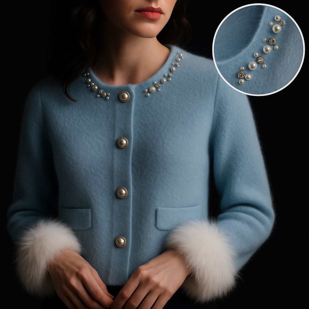 Women's ivory knit cardigan structured silhouette embellished neckline front patch pockets easy layering
