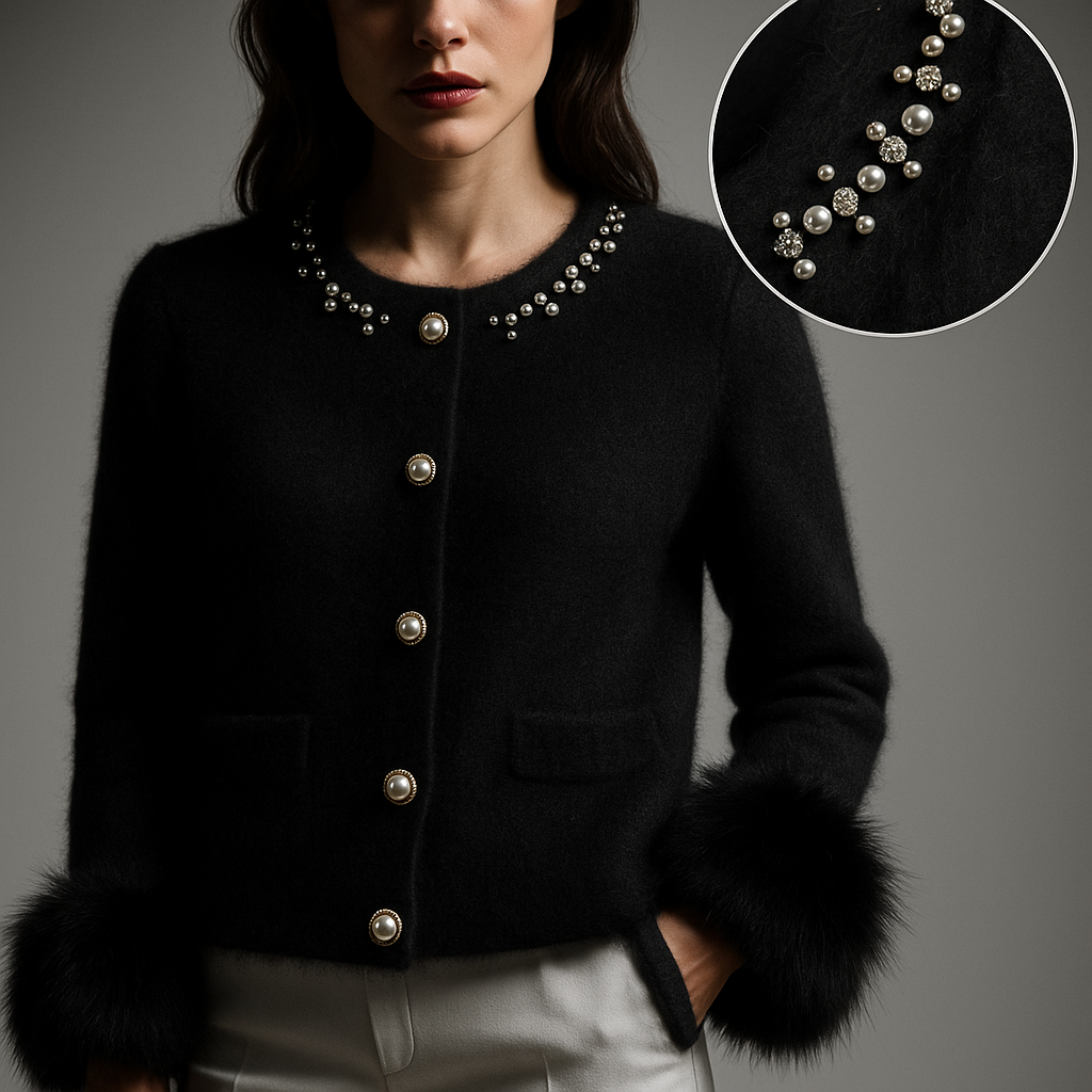 Women's knit cardigan with embellished buttons, front patch pockets, structured silhouette, easy layering