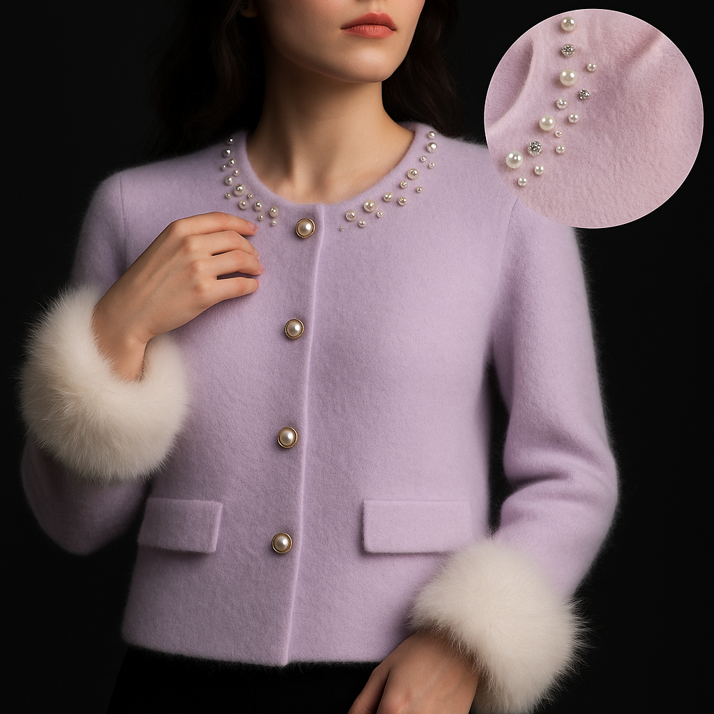 Women's knit cardigan with embellished buttons, front patch pockets, structured silhouette, easy layering