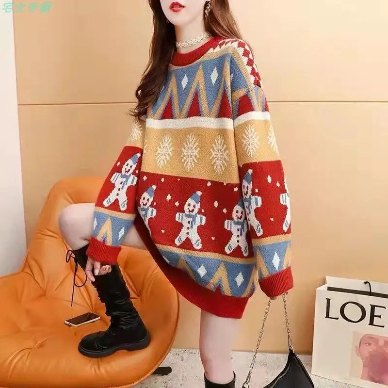 Women's oversized Christmas knit sweater warm holiday tones gingerbread motifs cozy loose festive fit