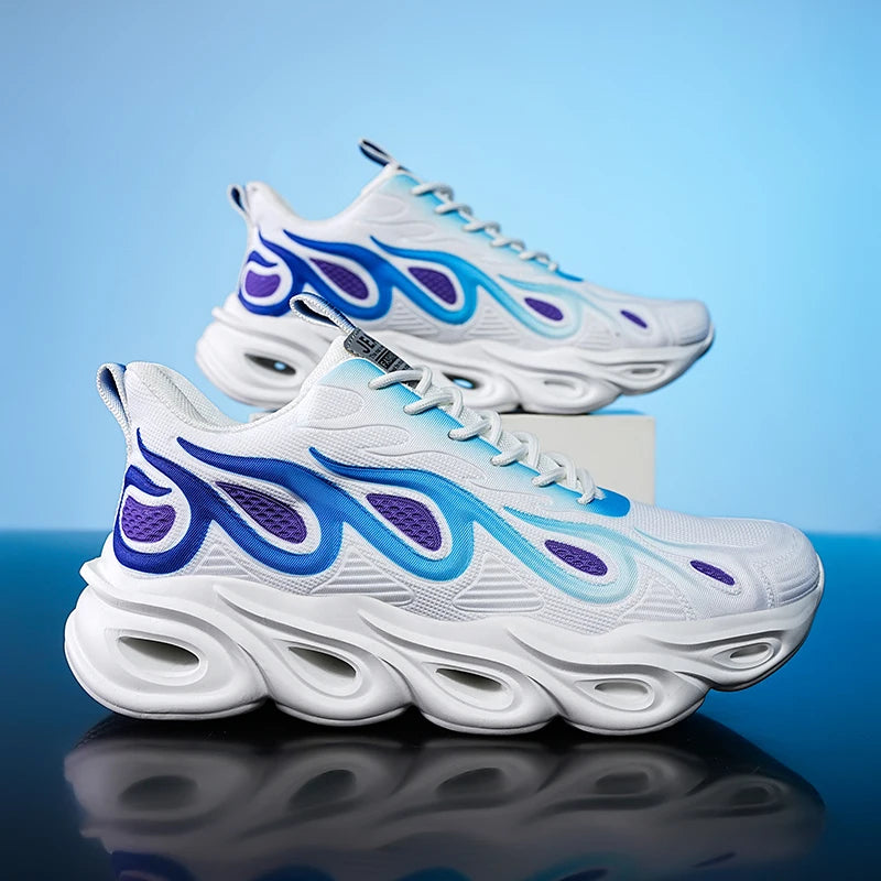Inferno air-cushioned running shoes with flame design, breathable mesh upper, bold colorway
