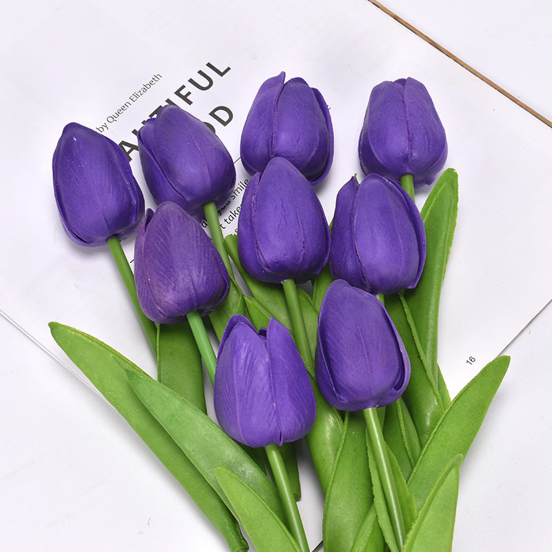 Yellow artificial tulip bouquet with realistic green leaf detailing and soft-touch lifelike petals for home decor