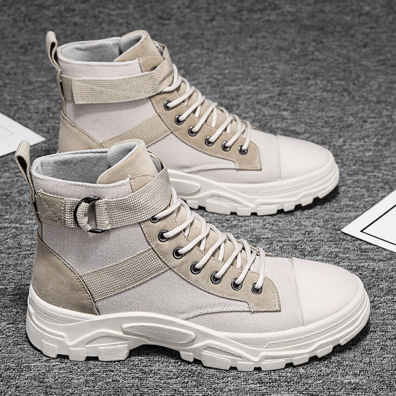 Men's high-shaft suede canvas motorcycle boots rugged sole biker style adjustable fit