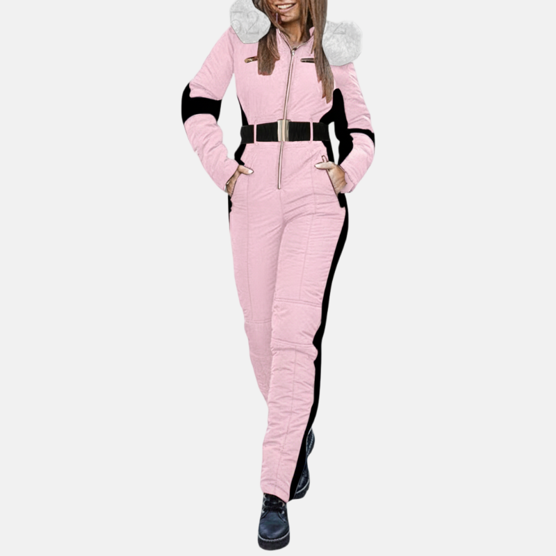 Women's belted one-piece ski suit with plush-lined hood in sleek winter-ready style