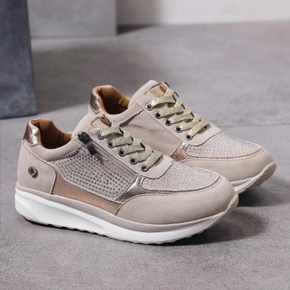 Women's white orthopedic sneakers with side zipper, cushioned sole, casual slip-on style for everyday comfort