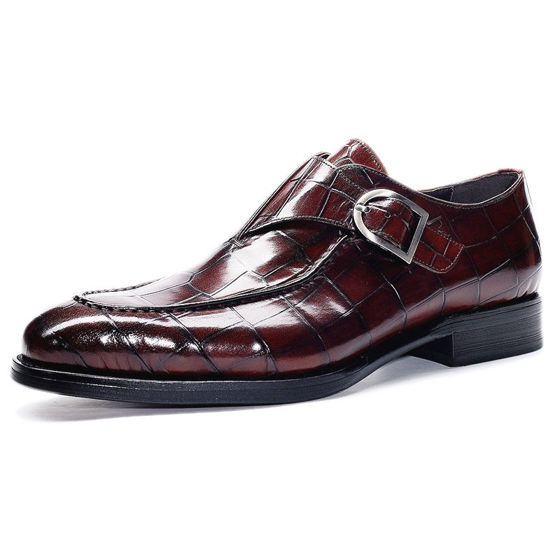Men's black polished PU leather monk strap shoes with embossed square toe formal style