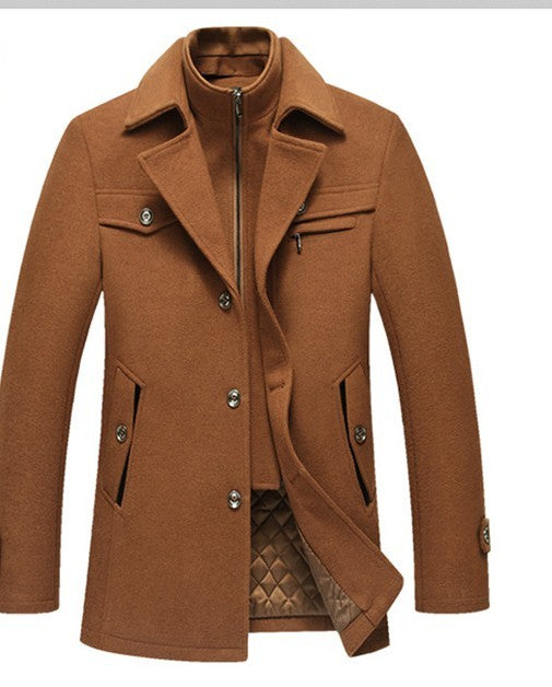 Men's slim wool coat with detachable collar, modern winter fit in classic neutral tone