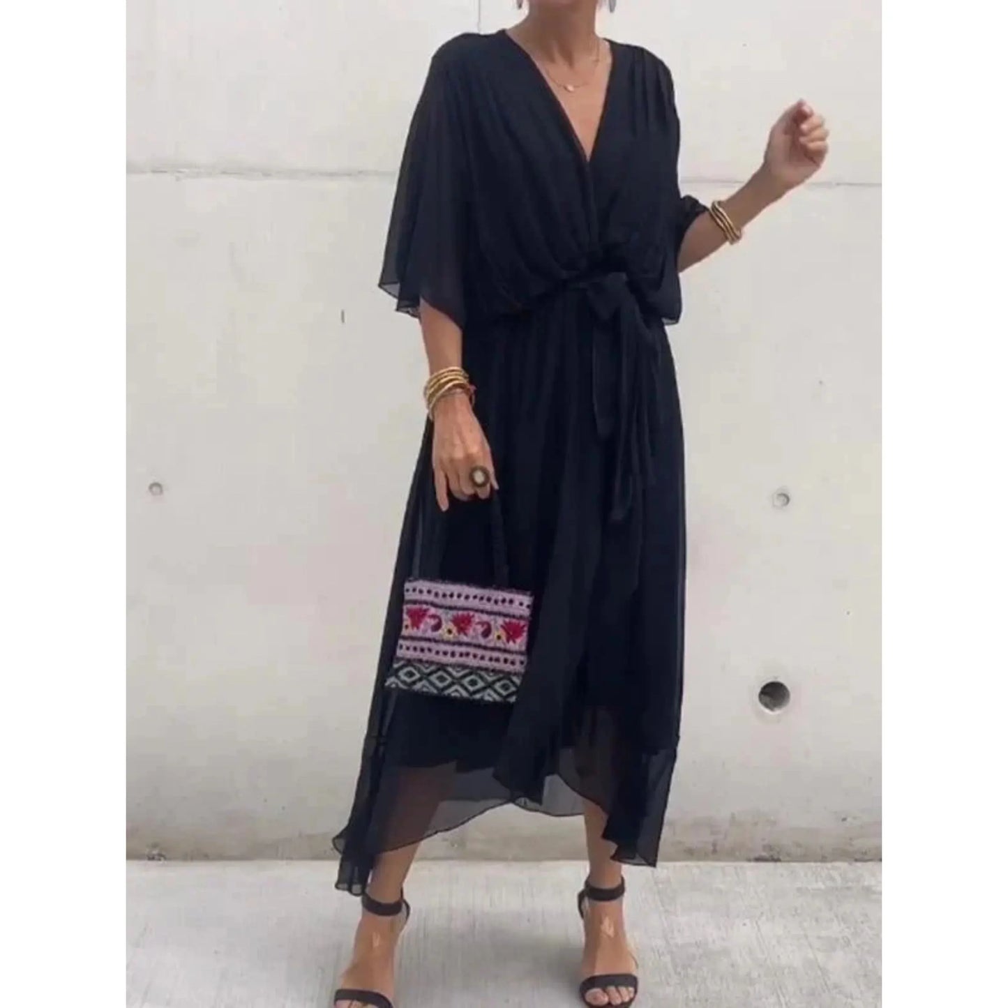 Women's silk chiffon V-neck dress, lightweight elegant drape for weddings and parties