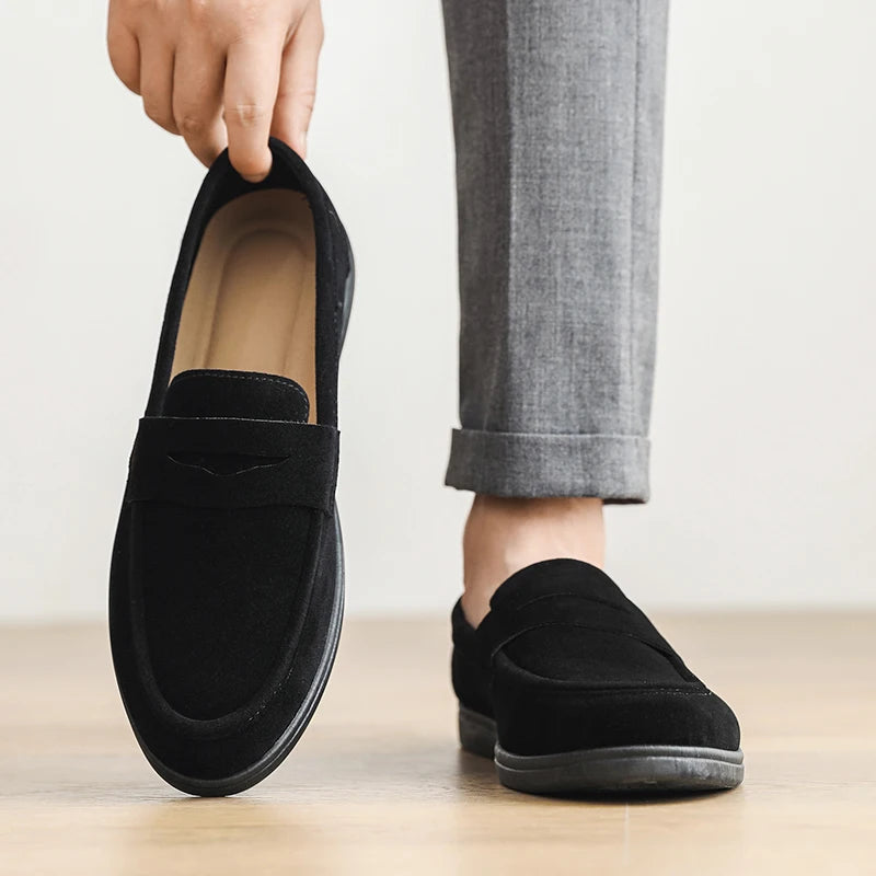 Men's black microfiber penny loafer slip-on minimalist low-profile soft insole comfort dress shoe