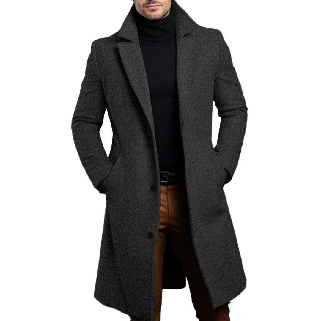 Men's tailored fit single-breasted long winter trench coat formal outerwear with clean structured lines