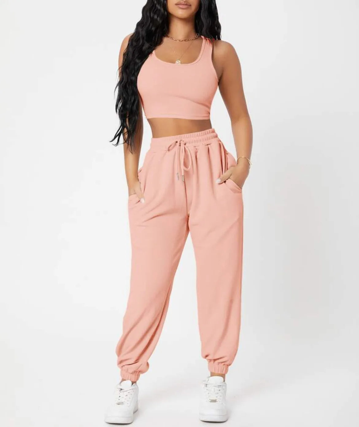 Women's ultra-soft crop top and high-rise joggers lounge set in cozy two-piece matching style