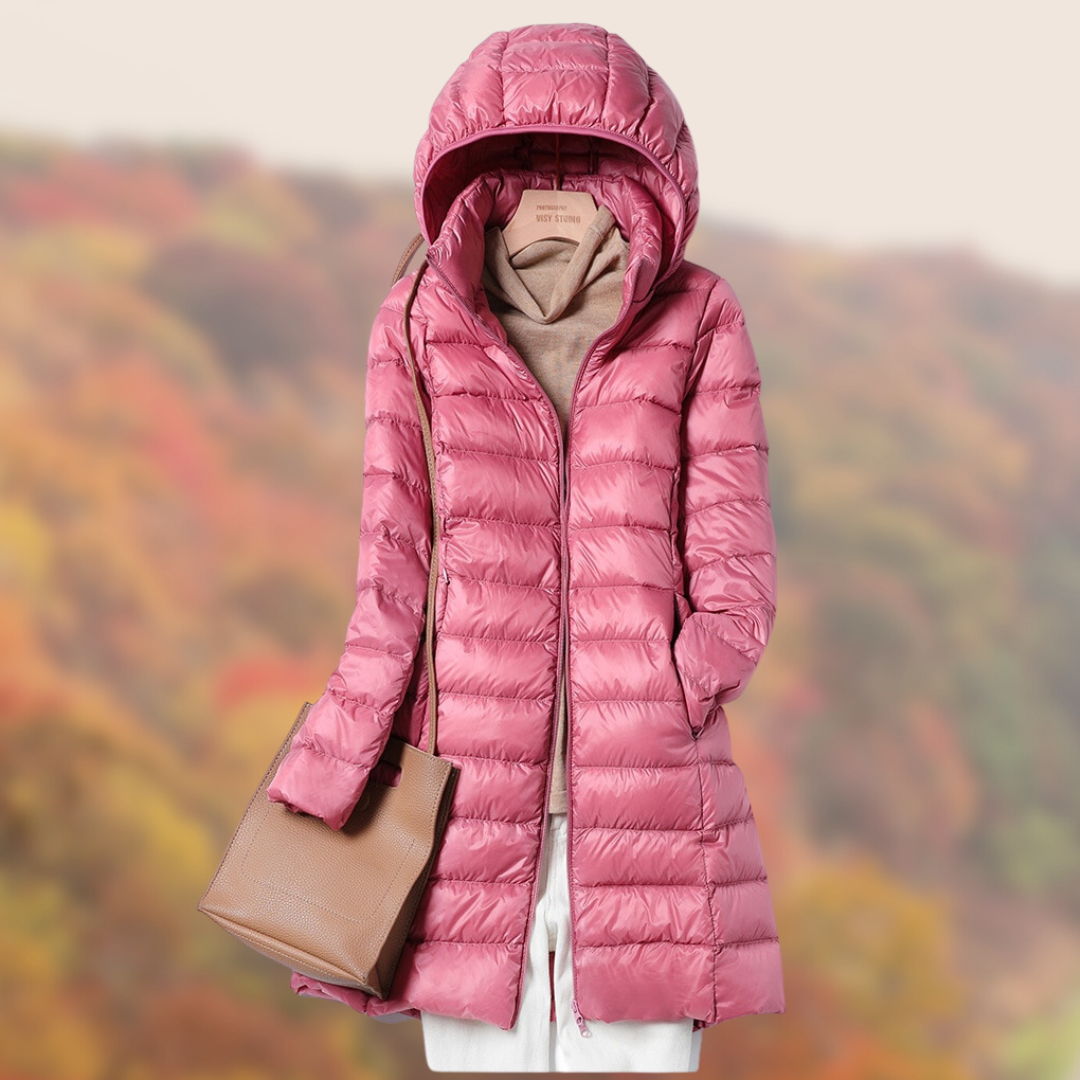 Women slim fit hooded puffer jacket lightweight flattering silhouette integrated hood everyday style