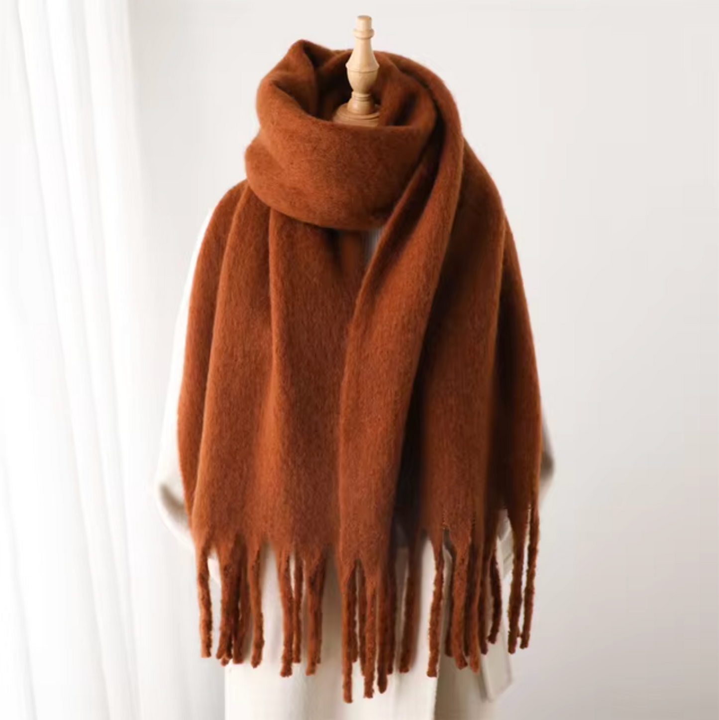 Women's cashmere-like winter scarf wrap in solid color with long fringe pashmina style
