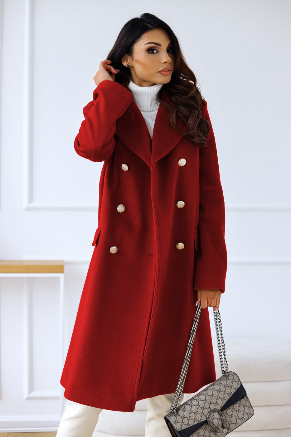 Women's wool blend long coat relaxed fit double-breasted broad lapels modern professional outerwear