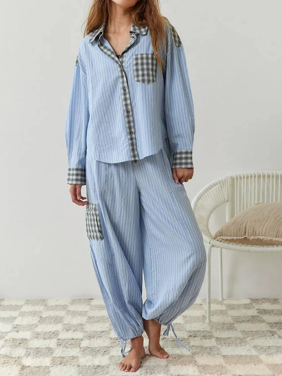 Women's two-piece plaid set, casual elegant coordinated matching top and bottom with bold checkered pattern