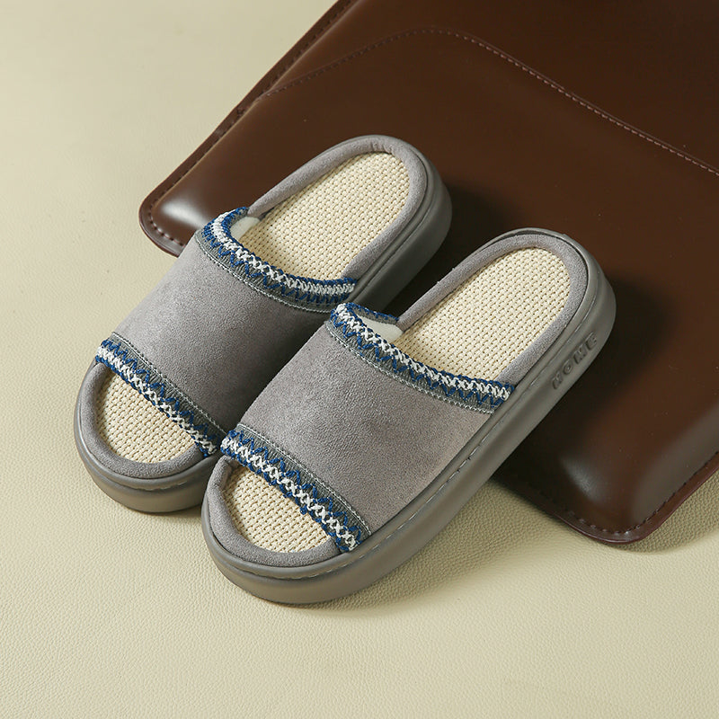 Women's tan suede boho slides with cushioned EVA sole and handcrafted contrast stitching