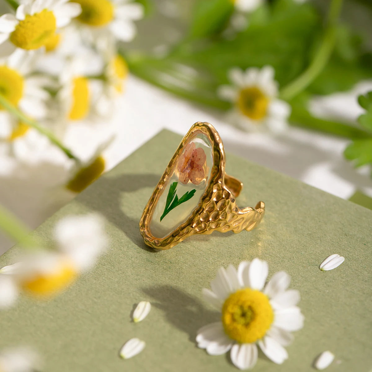 Handcrafted pressed flower resin ring gold-tone bezel adjustable band real botanicals nature-inspired