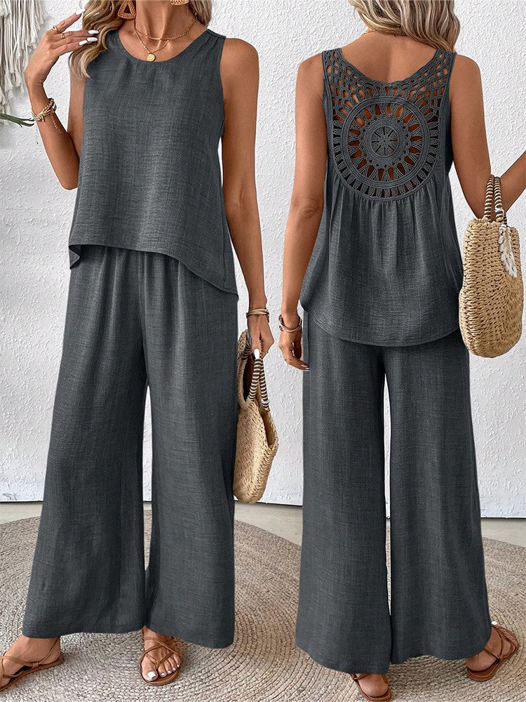 Women's elegant sleeveless pantsuit set in solid color with lace back and delicate embroidered detail