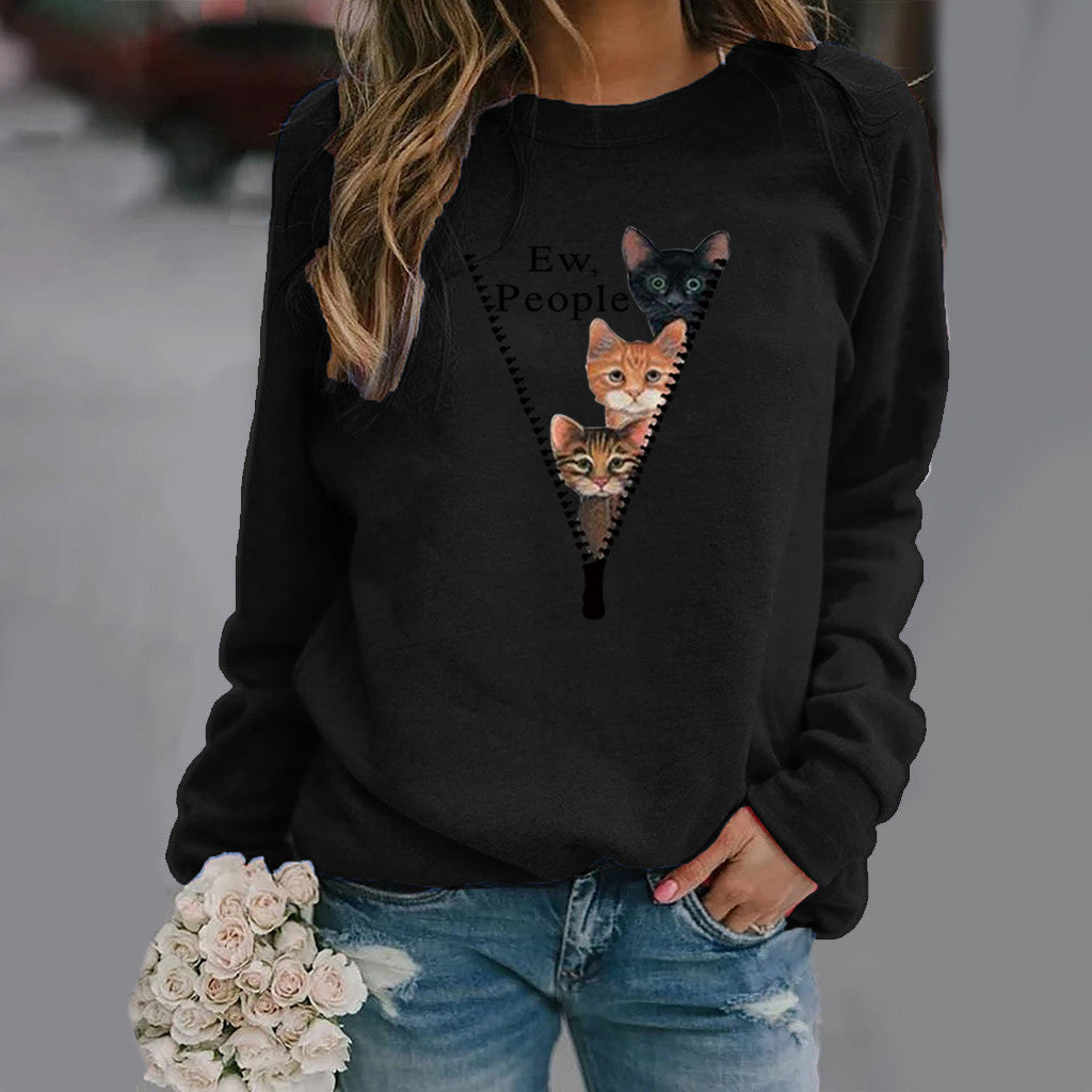 Women's relaxed fit crew neck cat graphic sweatshirt soft cotton blend cozy casual style