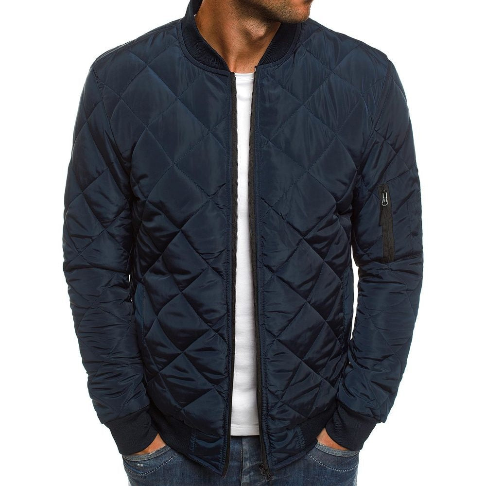 Men's black diamond quilted winter bomber jacket with zippered front for urban style