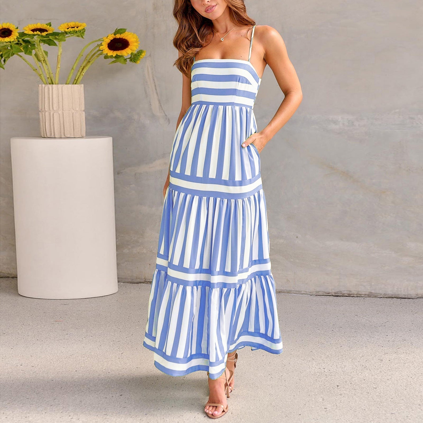 Striped flowy midi dress sleeveless square neck backless lightweight summer style for women