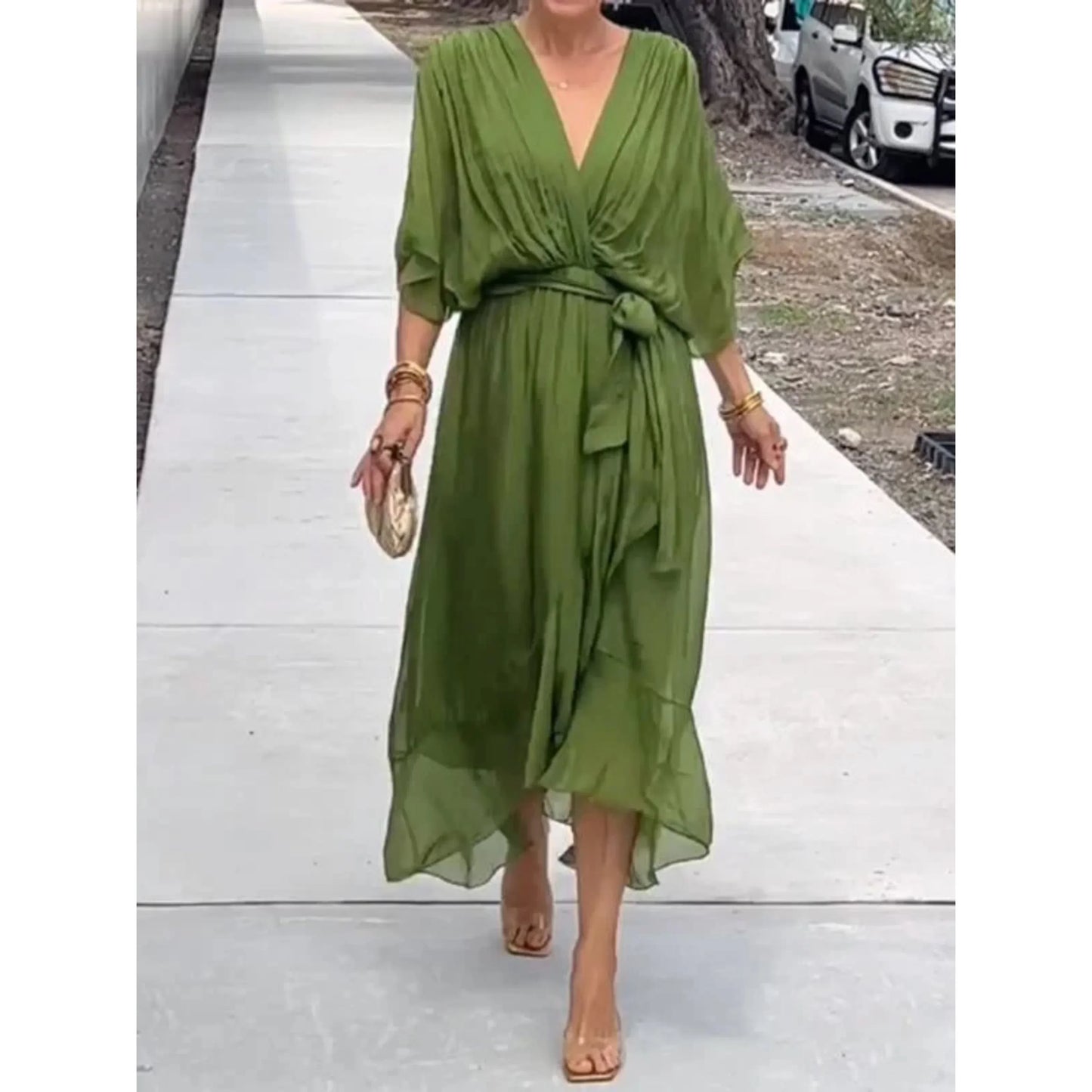Women's silk chiffon V-neck dress lightweight elegant drape perfect for weddings and parties