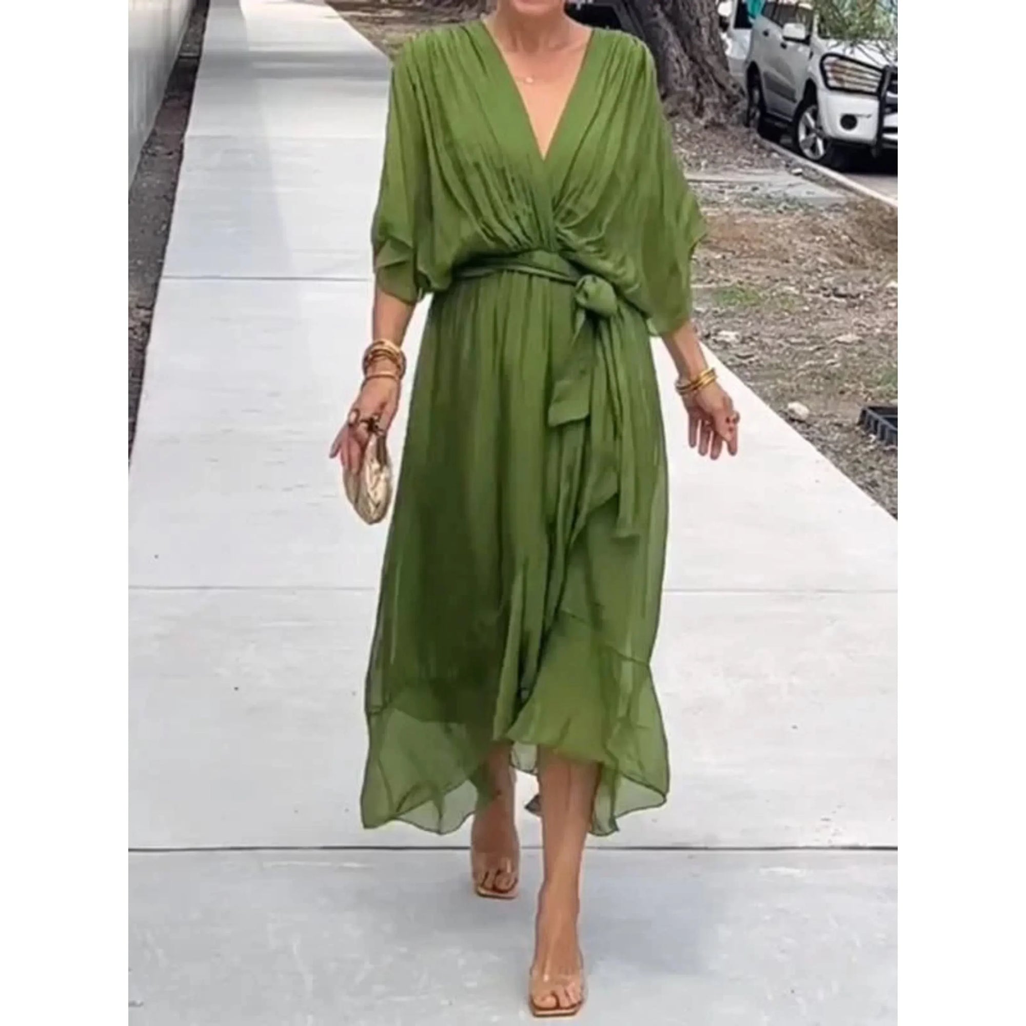 Women's silk chiffon V-neck dress lightweight elegant drape perfect for weddings and parties