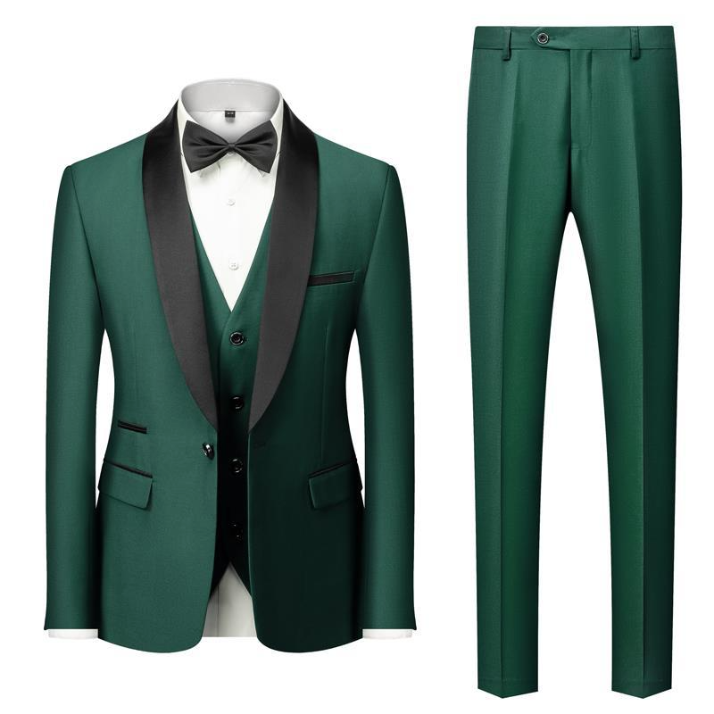 Men's 3-piece navy suit with bow tie, modern slim fit, jacket vest trousers, elegant wedding formal wear