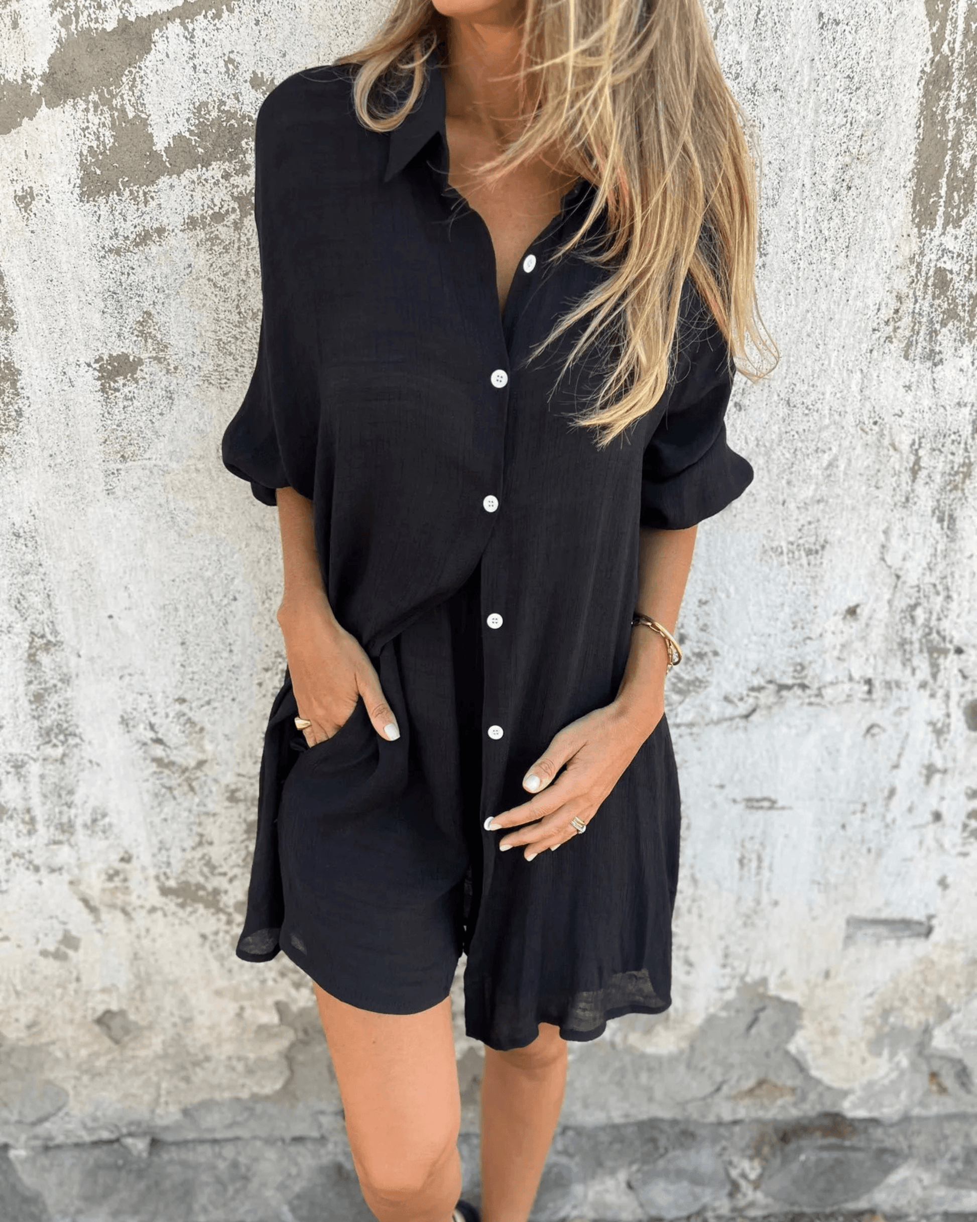 Women casual lightweight shirt and shorts set breathable relaxed fit high-waisted matching two-piece