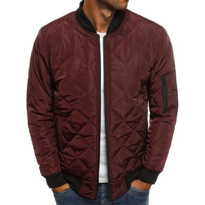 Men's black winter bomber jacket diamond quilted pattern zippered front urban streetwear style