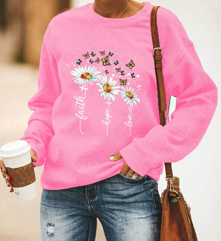 Women's relaxed fit cotton blend sweatshirt with daisy and butterfly botanical print, casual style