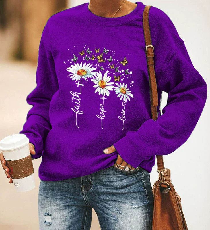 Women's relaxed fit cotton blend sweatshirt with daisy and butterfly botanical print, casual style