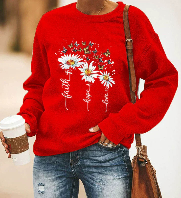 Women's relaxed fit cotton blend sweatshirt with daisy and butterfly botanical print, casual style